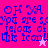 Pixelated blue text on pink background with a white star and red star in different quadrants.