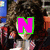 repeated images showing a person with curly hair, overlaid with large pink letters and text