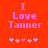 Red background with pink pixelated text "I Love Tanner" and five small heart symbols below, where the third heart is slightly larger.