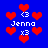 Pixelated blue background with red heart shapes and white text reading "Jenna" and "x3" in multiple repeated arrangements.