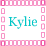 three and three shows the name 'Kylie' in teal text with pink decorative borders, where some instances have a small heart above the letter 'i'