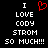 Black background with white pixelated text reading "I LOVE CODY STROM SO MUCH!!!" and a red heart symbol above the word LOVE.