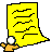 Yellow paper-like shape with black squiggles, holding a white speech bubble with text, orange hand, white circular head, gray background.