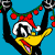 A cartoon duck with a Santa hat holds red and green garland against a blue background, repeating in a pattern