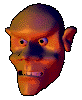 A pixelated devil face with orange skin, dark blue hair, and pointed ears appears in six showing slight head movements