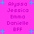 A static image with a bright pink background displays repeated text names and 'BFF' in purple pixelated font, surrounded by cyan plus signs.