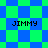 Pixelated icon with four instances of 'JIMMY' text over blue-green checkered backgrounds in different arrangements.