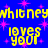 Blue background with yellow text repeating 'whitney loves your' and pink starbursts, partially cropped on the right.