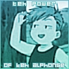 Pixelated cartoon character with light blue hair and a black sleeveless shirt, smiling with hand raised near head, text "teh POWER OF teh ALPHONSE" in blocky font.