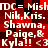 Red and black pixelated text repeats 'DC = Mish', names, and 'Kyla!! <3' in a pattern with visible pixelation