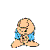 A cartoon character in blue pajamas sits in various poses holding a small object, with visible animation changes across frames.