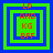Four identical square icons arranged in a , each with layered blue and green borders surrounding red text