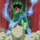 Animated sequence of a character in green attire with blue energy effects against a red background, showing sequential motion of arms and energy trails.