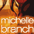 A 3x2 contact sheet of pixelated frames showing a woman with long blonde hair and red-toned skin, overlaid with repeated text "michelle branch" in white sans-serif font across the top row.
