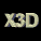 A sequence of four X3D text icons in varying 3D styles and orientations against a black background.