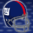 identical football helmets with a blue shell, red stripe, and white 'NY' logo on the side, displayed against a dark blue background