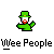 Pixel art character with green hat and shirt, red mouth, white face, waving hand, under 'Wee People' text, with yellow and red background elements.
