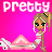 Pixel art contact sheet showing a 3x2 grid of animated frames featuring a blonde girl in pink and white outfit with repeated text "pretty in pink" on bright pink background.