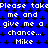 Blue background with black star pattern and repeated white text "Please take me and give me a chance... Mike" in pixelated font.