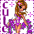 Pixelated cartoon woman in purple and yellow outfit with long brown hair, standing beside vertical text 'CULE' on white background.