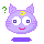 A 4-frame pixel art animation of a purple cat-like mascot with yellow crescent moon on forehead, green question marks appearing/disappearing around it, and changing eye shapes across frames.