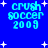 Blue background with white star shapes and cyan text reading 'crush soccer 2009' in pixelated font across four quadrants.