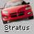 Red car with black grille and headlights, gray roof, and black wheels on gray background, with 'Stratus' text below.
