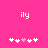 A bright pink background displays two identical pixelated 'ily' text elements above a of five white and one light pink heart icons, with the middle heart changing color between frames