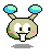 Pixelated character with light green body, two blue-green antennae, white eyes, pink cheeks, and a white tongue, displayed in four variations on gray background.