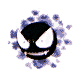 Two identical pixelated icons of a cartoonish face with wide eyes and a grin, surrounded by blue-purple splatter effects on gray background.
