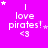 A bright pink background displays repeated text "I love pirates! <3" with varying star positions