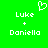 Green background with white pixelated text and symbols: 'Luke' above a plus sign above 'Daniella', with a heart symbol above 'Luke' on the left side.