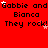 Red background with repeated text 'Gabbie and Gabbie and Gabbie and Gabbie and Bianca Bianca Bianca Bianca They rock! They rock! They rock! They rock!' in black pixelated font, scattered white stars.