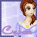Pixelated character with brown hair in a braid, wearing a light blue dress and gold necklace against a purple background.