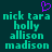 A static digital image with teal text on a dark background, featuring names and a purple heart symbol.
