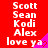 Red background with white text listing names and 'love ya' phrases, each accompanied by a pink triangular shape containing a heart symbol.
