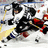 Pixelated hockey player in black and white uniform with red accents on ice, adjacent to solid red background with blue text.
