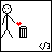 A pixel-art animation showing a stick figure discarding a heart into a trash can, followed by the heart dissolving into scattered red dots