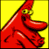Pixelated red cartoon character with green eyes and a long nose on yellow background, static single-frame image.