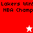 Pixelated graphic with red and white sections displaying 'Lakers Win! NBA Champ' text and star symbols in two color states.