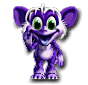 Purple cartoon creature with green eyes and white hair in four distinct poses, each showing different arm positions against a plain background.