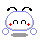 Pixelated white circular character with black antennae, red plus marks on cheeks, and blue outline showing four sequential expressions.