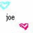 Pixelated icon with text 'joe' and a pink heart, surrounded by scattered blue, green, and pink pixels on white background.