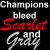 Black background with white and red text reading 'Champions bleed Scarlet and Gray' next to a red and gray Ohio State logo on light gray.