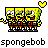Pixel art of four yellow sponge characters in brown pants with red shirts, one version featuring a floating heart above the group.