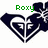 Green pixelated text 'Roxy' above a dark blue and white heart-shaped icon with a stylized 'R' design inside.
