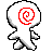 A 4x4 contact sheet of a white stick figure with red spiral head, showing walking and falling animation frames on gray background.