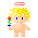 Pixel art contact sheet of four animated frames showing a cherub-like character with blonde hair, blue eyes, and white diaper straps holding flowers under pink striped halos.