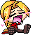 Pixel art contact sheet showing two frames of a blonde anime-style character laughing with closed eyes, pink blush lines, and visible mouth details against gray background.