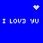 Blue background with white pixelated text and symbols: two 'I LOV3 YU' lines, a heart at top center, and starbursts at top right and middle.